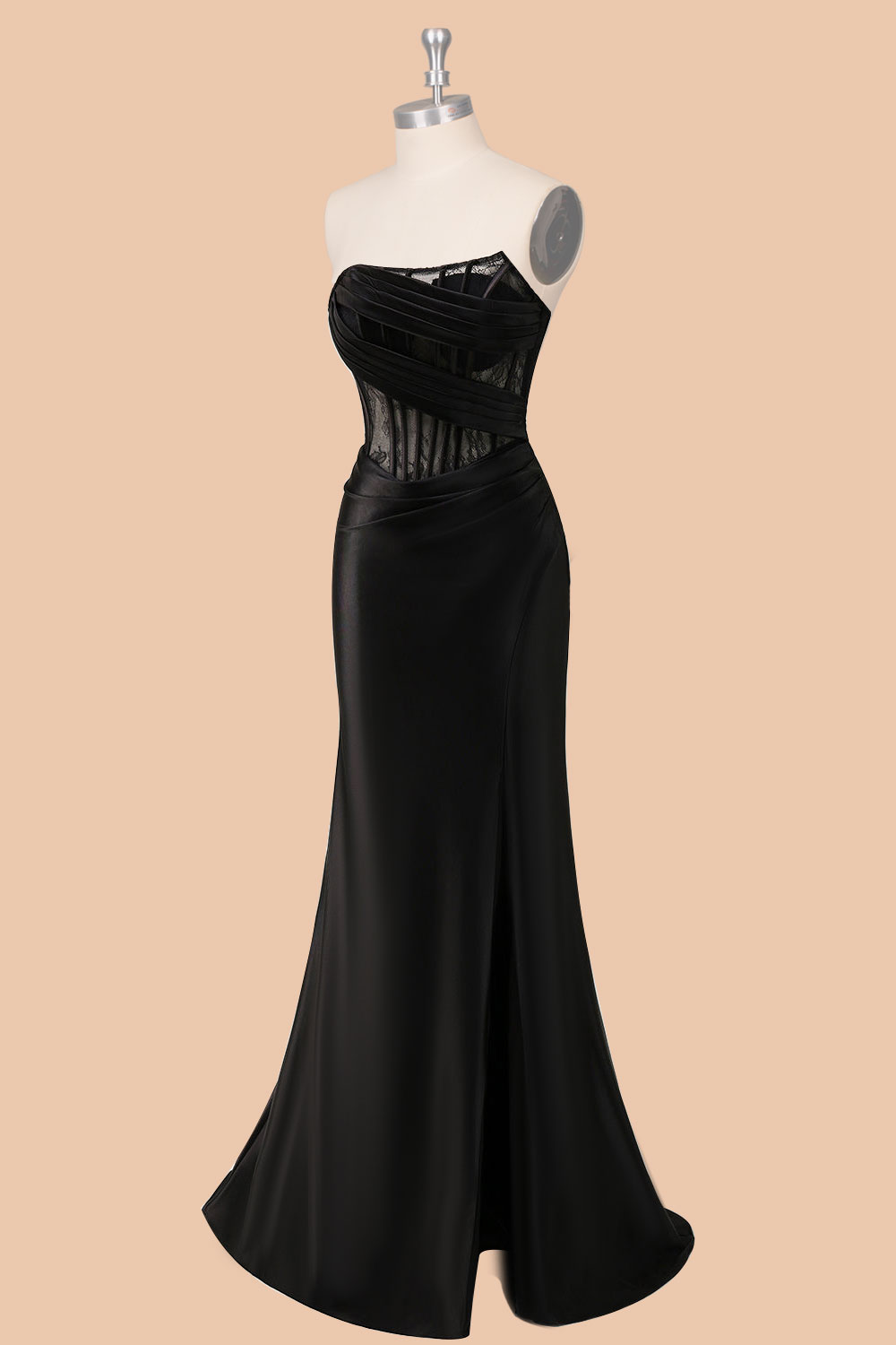 Custom lace black satin prom dress, slit party dress
