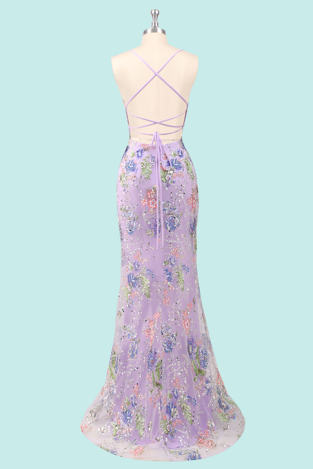 Custom floral embroidery sequin long prom dress, light purple sparkly corset evening gown