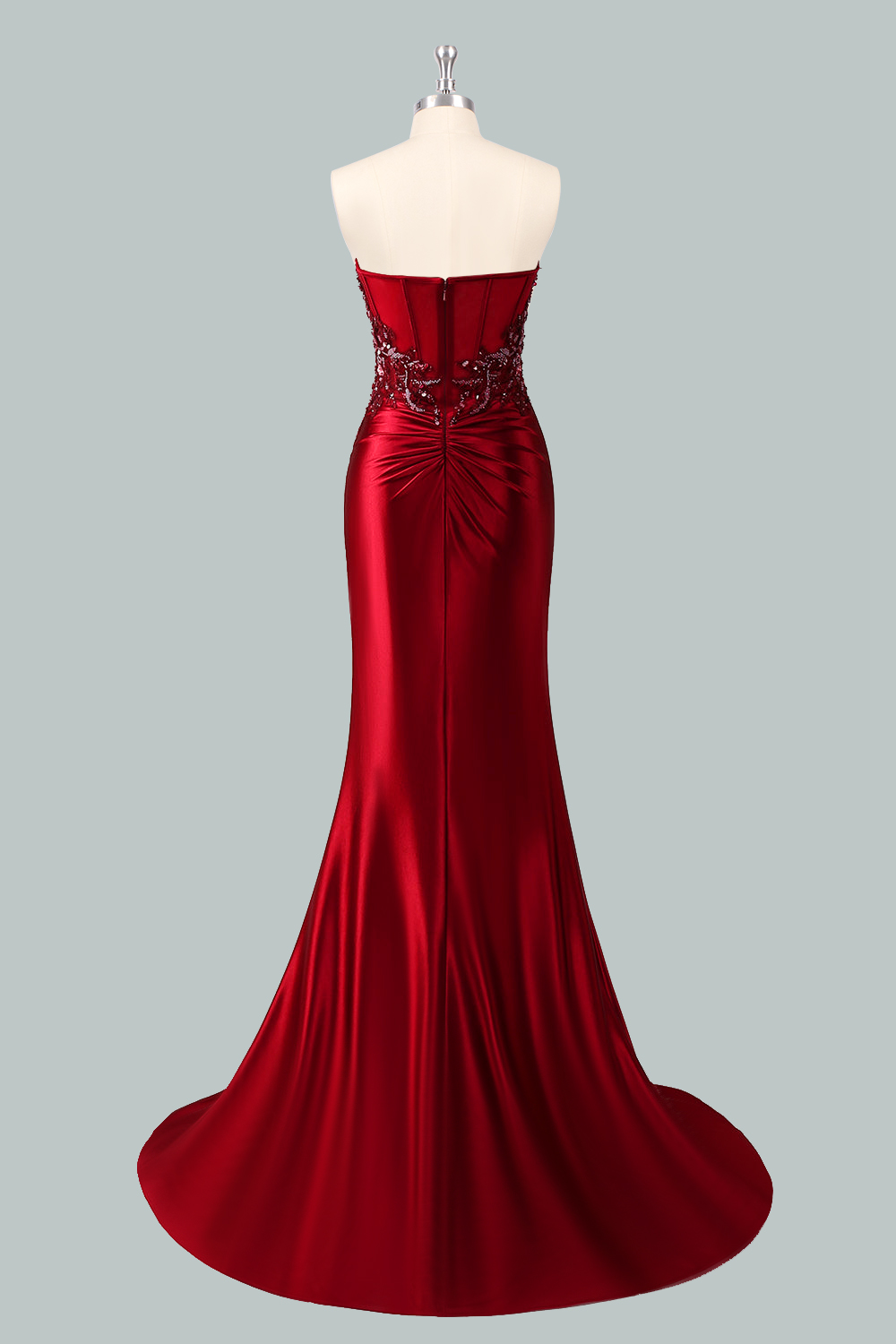 Custom sequin floral corset long prom dress, red satin slit party dress